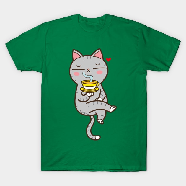 Coffee loving cat T-Shirt by doodletales